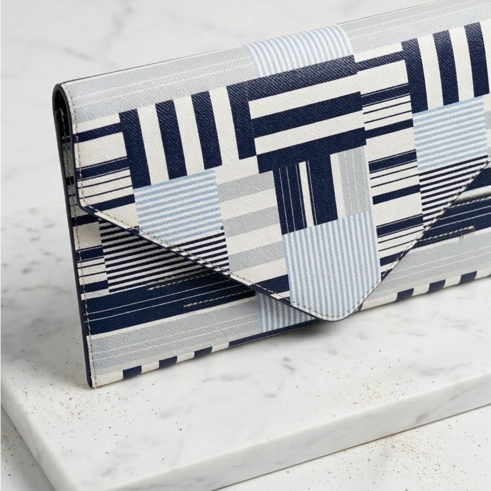 Vittoria Napoli Italian Leather Envelope Clutch – Blue Geometric Striped Print - Picture 2 of 8
